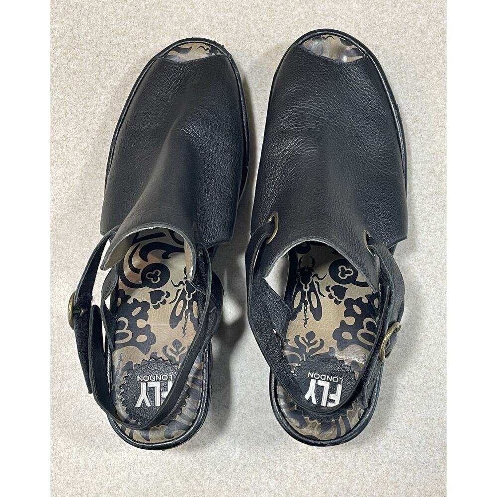 Fly London Peep Toe Sandals Shoes Adjustable Black Leather Women’s Size 42/US 11 - Picture 4 of 12